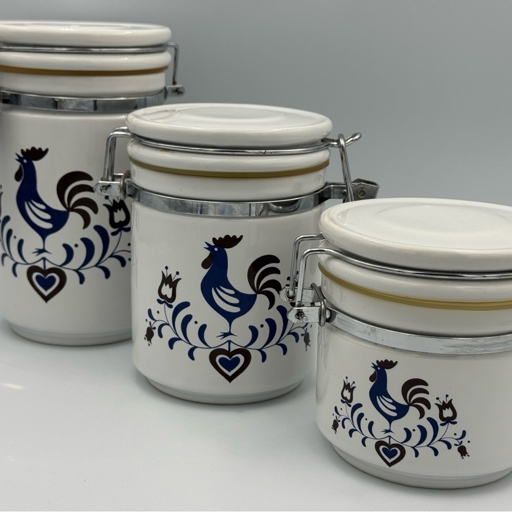 Vintage White and Blue Rooster Canister Set